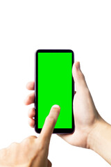 Hand holding smartphone with green screen. Mobile phone with chroma key. smartphone concept. app concept.