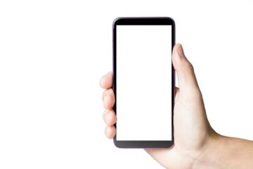 Hand holding smartphone on white background. Mobile phone with transparency screen. smartphone concept. app concept.