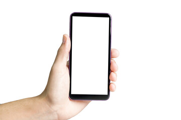 Hand holding smartphone on white background. Mobile phone with transparency screen. smartphone concept. app concept.