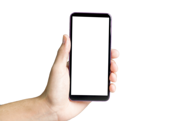 Hand holding smartphone on white background. Mobile phone with transparency screen. smartphone concept. app concept.