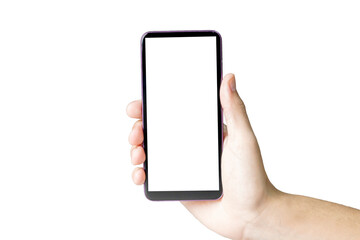 Hand holding smartphone on white background. Mobile phone with transparency screen. smartphone concept. app concept.