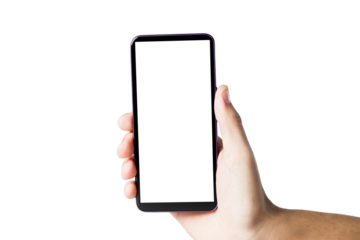 Hand holding smartphone on white background. Mobile phone with transparency screen. smartphone concept. app concept.