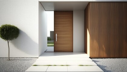 Modern entrance, simple wooden front door for a luxury house 