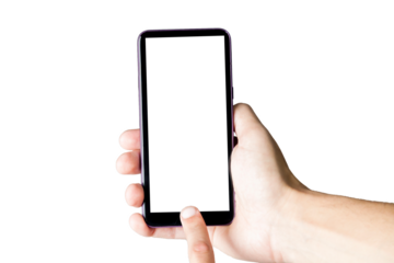 Hand holding smartphone on white background. Mobile phone with transparency screen. smartphone concept. app concept.