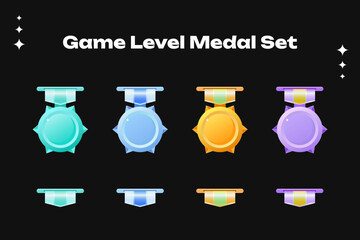 Set of Game rating icons with medals. Gold, silver, and bronze medals were awarded for the game. Vector illustration of a round asset for game design. Vector illustration of an award. Game medals.