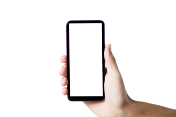 Hand holding smartphone on white background. Mobile phone with transparency screen. smartphone concept. app concept.