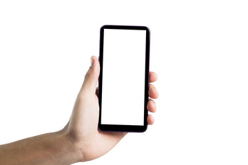 Hand holding smartphone on white background. Mobile phone with transparency screen. smartphone concept. app concept.