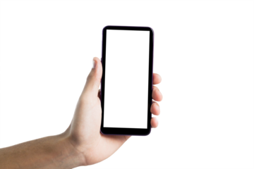 Hand holding smartphone on white background. Mobile phone with transparency screen. smartphone concept. app concept.