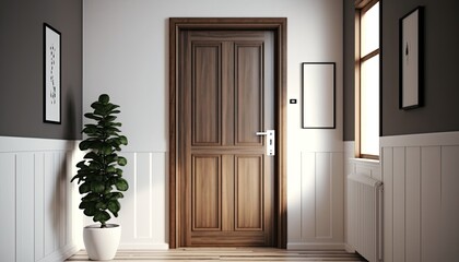 Modern entrance, simple wooden front door for a luxury house  - obrazy, fototapety, plakaty