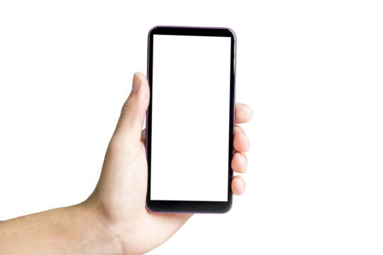 Hand holding smartphone on white background. Mobile phone with transparency screen. smartphone concept. app concept.