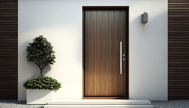 Modern entrance, simple wooden front door for a luxury house 