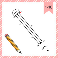 Dot to dot game. Pencil with eraser. Logic Game and Coloring Page with answer. Connect dots by numbers and finish draw cartoon pen. Simple education worksheet for baby practicing count numbers to 10.