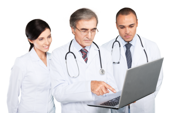 Confident Medical team using laptop isolated on white