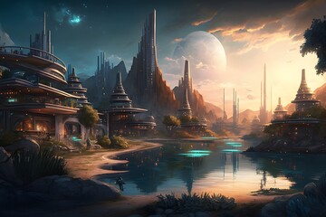 Naklejka premium Afternoon panorama of a future city of our planet, illustration, picture - AI Generated