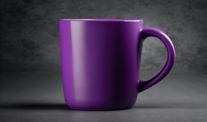  a purple coffee cup sitting on top of a table next to a black wall with a shadow of a person on the floor behind it.  generative ai