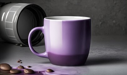  a purple coffee cup sitting on top of a table next to a can of coffee and a pile of nuts on the floor next to it.  generative ai