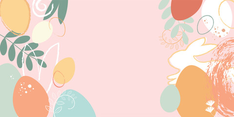  happy Easter holidays banner with space for text. Easter eggs, rabbit, bunny watercolor style pastel shades pink, blue, yellow and orange. 