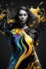 Woman with a dress made of liquid yellow and black paint, artistic fashion illustration, generative ai