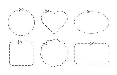 Dash marks in six different shapes on coupon. Scissor with dot cut line. Trim ribbon with scissor on white voucher background. Black shear crop border. Paper icon with dotted snip. Vector illustration