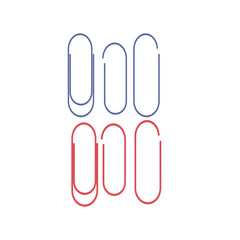 red and blue brackets to hold paper, paper clips isolated on white background. office supply used to bind sheets together