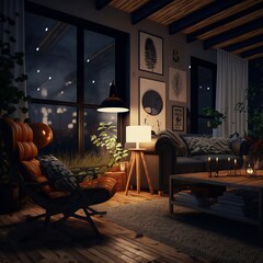 rustic styled living room interior design illustration at night
