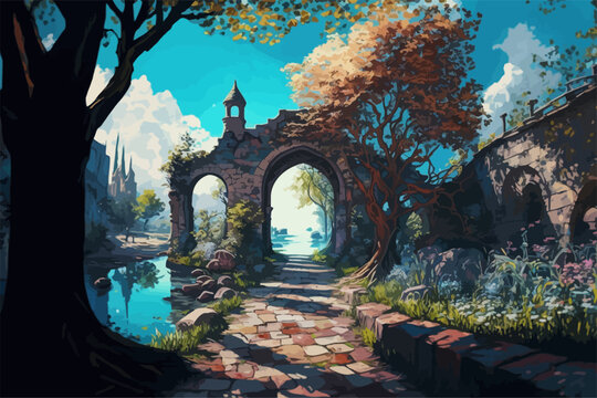 Magic, Dreamy, Surreal Fairytale World In Oil Colour Painting, Old Road And Wall And Lake And Trees, Digital Illustration