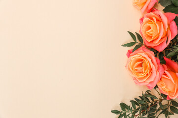 Bouquet of orange roses on beige background. Mother's day, Valentines Day, Birthday celebration...