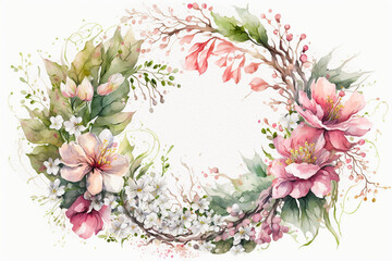 Wreath of summer pink flowers. Paint drawing. Floral pattern, watercolor, painting of blossom branches on white background. Template design for postcards, spring banner. Image is AI generated.