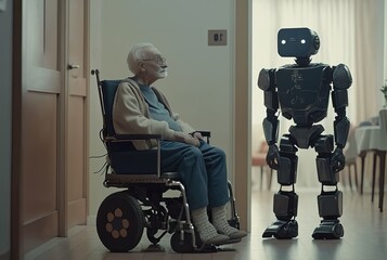 Robots in care for the elderly. Robots accompany and entertain people in old people's homes. Serve as care robots, household robots, service robots or watchdogs - Data Health - AI Generated - obrazy, fototapety, plakaty
