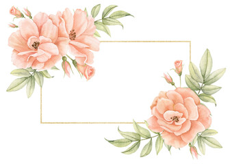Watercolor Frame with Rose Flowers and golden line. Hand drawn Floral Template for greeting cards or wedding invitations in beige and pink colors. Rectangular vintage border on isolated background