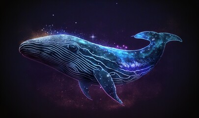 Obraz na płótnie Canvas a blue whale floating in the air with stars in the sky behind it and a star filled sky in the background with stars in the background. generative ai