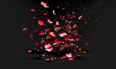  a bunch of red petals are falling off of a black surface and into the air on a black background with a black back ground and a black back ground.  generative ai