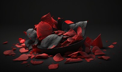  a bowl filled with red petals on top of a black tablecloth covered floor with petals on the floor and on the floor is a black surface with a black background.  generative ai