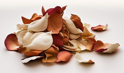  a pile of dried flowers on a white surface with one flower petals still on the ground and one flower petals still on the ground with the petals still on the ground.  generative ai