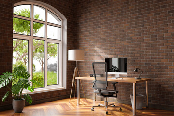 comfortable workplace with pc on wooden desk in office at home; bright sunlight from side large window and wall; canvas copy space;  remote work freelance; 3D Illustration