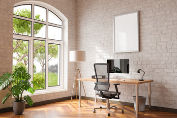 Naklejka na ściany i meble comfortable workplace with pc on wooden desk in office at home; bright sunlight from side large window and wall; canvas copy space; remote work freelance; 3D Illustration