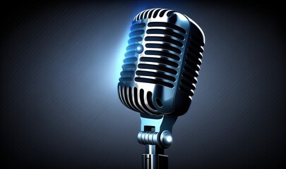  an old fashioned microphone on a black background with a blue light shining through the top of the microphone and a black background with a blue light.  generative ai