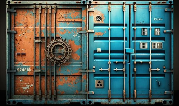  a blue and orange container with metal bars on the side of it and a door with a lock on the side of the container that has rusted out paint.  generative ai