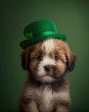 St. Patricks terrier puppy dog in a leprechaun hat on green background. Generative AI.
