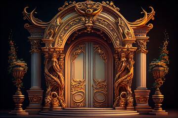 Columns and a golden luxury classic arch. the baroque style portal. The fairy palace's entryway. Generative ai - obrazy, fototapety, plakaty