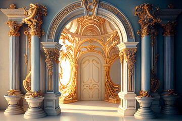 Columns and a golden luxury classic arch. the baroque style portal. The fairy palace's entryway. Generative ai