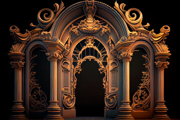 Columns and a golden luxury classic arch. the baroque style portal. The fairy palace's entryway. Generative ai
