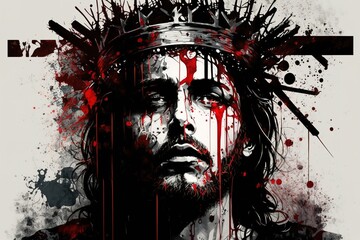 Tintenfarbe Gem&auml;lde vom leiden Jesus mit Dornenkrone. Symbol f&uuml;r die Oster-Geschichte der Bibel und Karfreitag. Jesus vor Kreuzigung im Rom - Digitale Kunst &Ouml;lmalerei wurde KI generiert