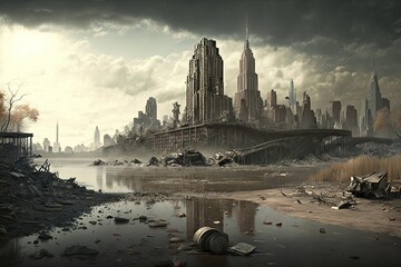 Apocalyptic view of destroyed new york, post apocalypse after world war. Generative Ai. - obrazy, fototapety, plakaty