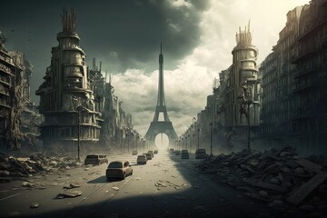 Apocalyptic view of destroyed Paris, post apocalypse after world war. Generative Ai. - obrazy, fototapety, plakaty