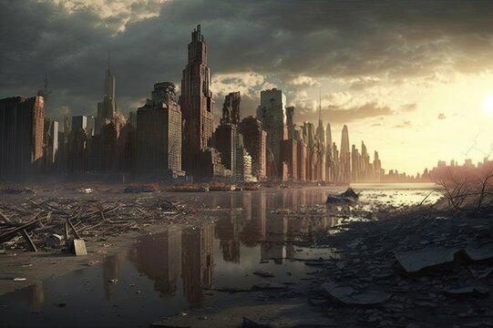 Apocalyptic view of destroyed new york, post apocalypse after world war. Generative Ai.