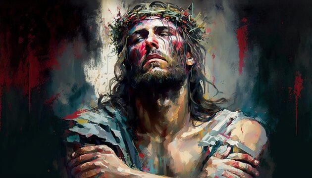 Oil color painting of Jesus with crown of thorns on Good Friday. Artistic oil painting as a symbol of hope and Easter story. - Generative AI