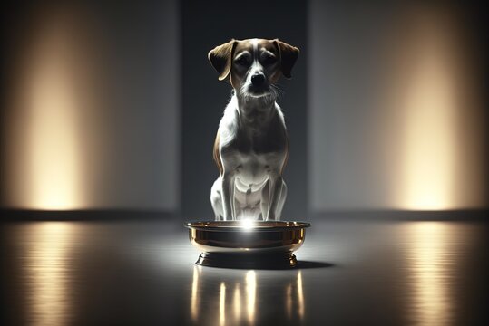 Stolzer Hund in dramatischer Pose und Lichteffekten. Jack Russel als Anf&uuml;hrer vor seinem Futternapf, Wenn Tiere das sagen haben und Befehle geben - KI generiert