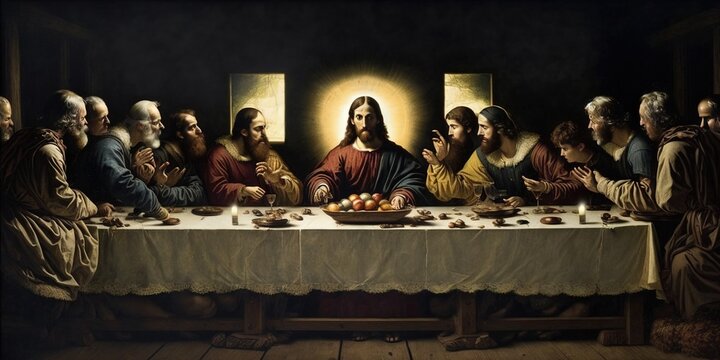 The Last Supper with Jesus as a symbol of Easter and the biblical stories about Jesus and his disciples. Church and worship with wine and bread. 