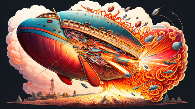 Zeppelin in the moment and chaos following explosion over the land with Tesla tower and barn